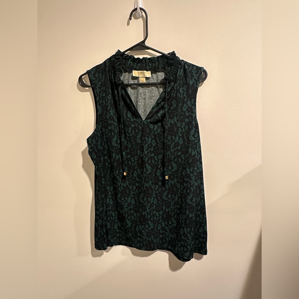 Michael Kors Dark Emerald Sleeveless Top Blouse Women's S Lace Print Logo Cubes